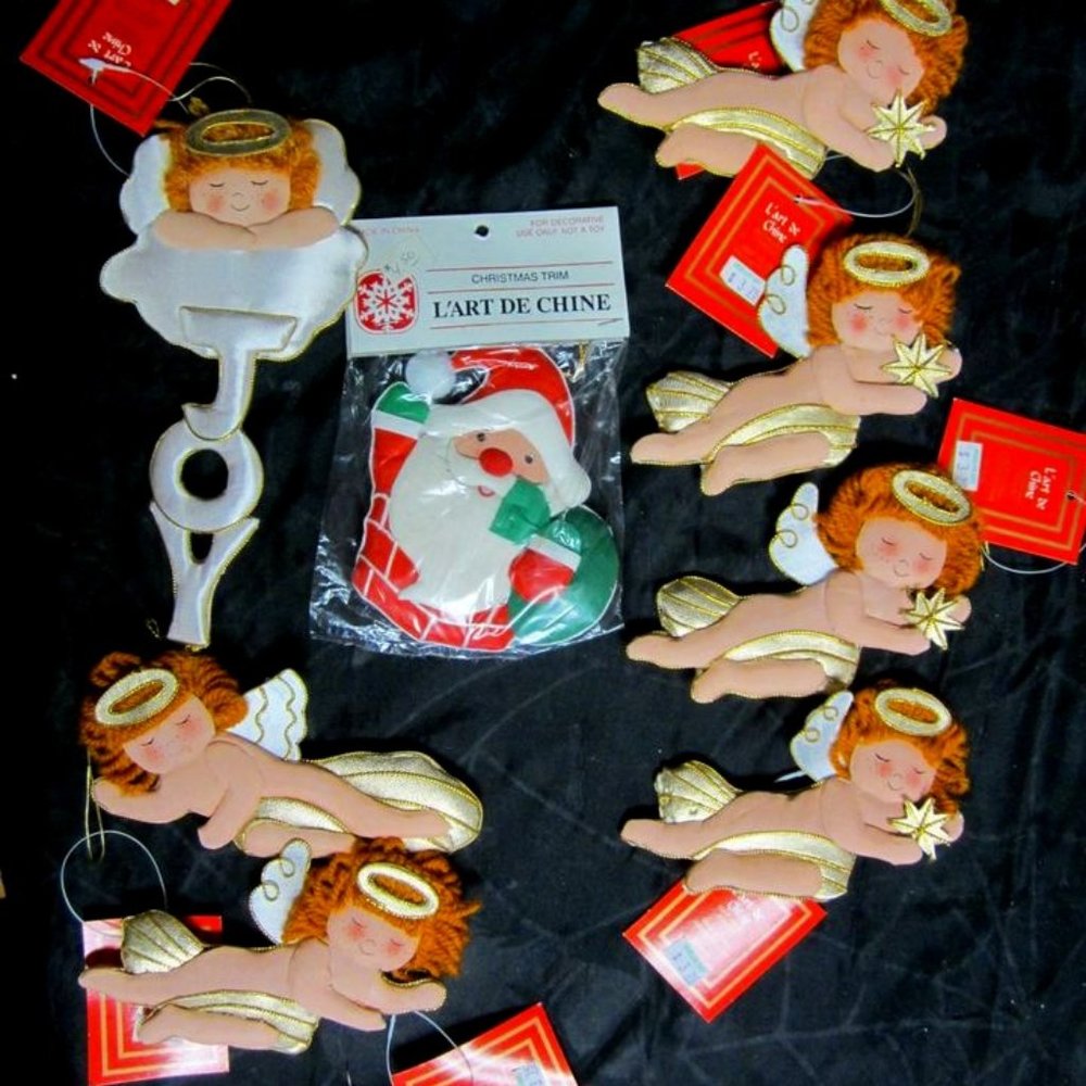 80'S 90'S KITCSHY L'ART DE CHINE FABRIC CHRISTMAS ORNAMENTS SET OF 8 W/ORIG TAGS